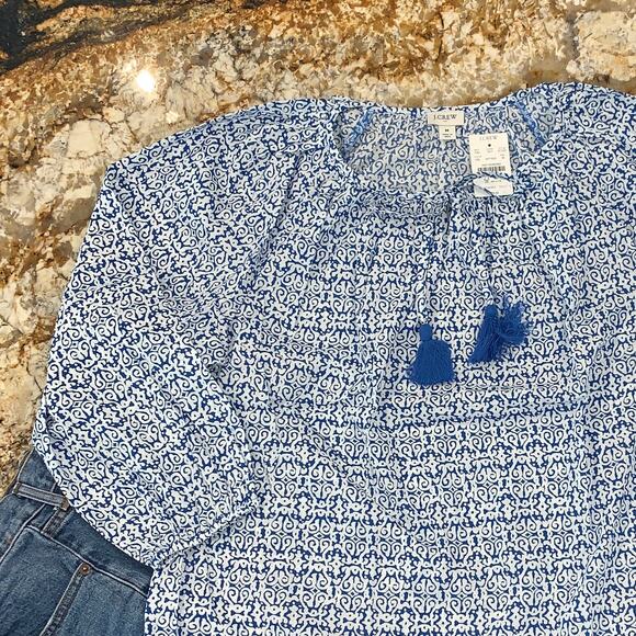 NWT J. Crew Blue and White Raglan Cotton Tassel Tie Boho Top  - SIZE MEDIUM - Picture 6 of 10